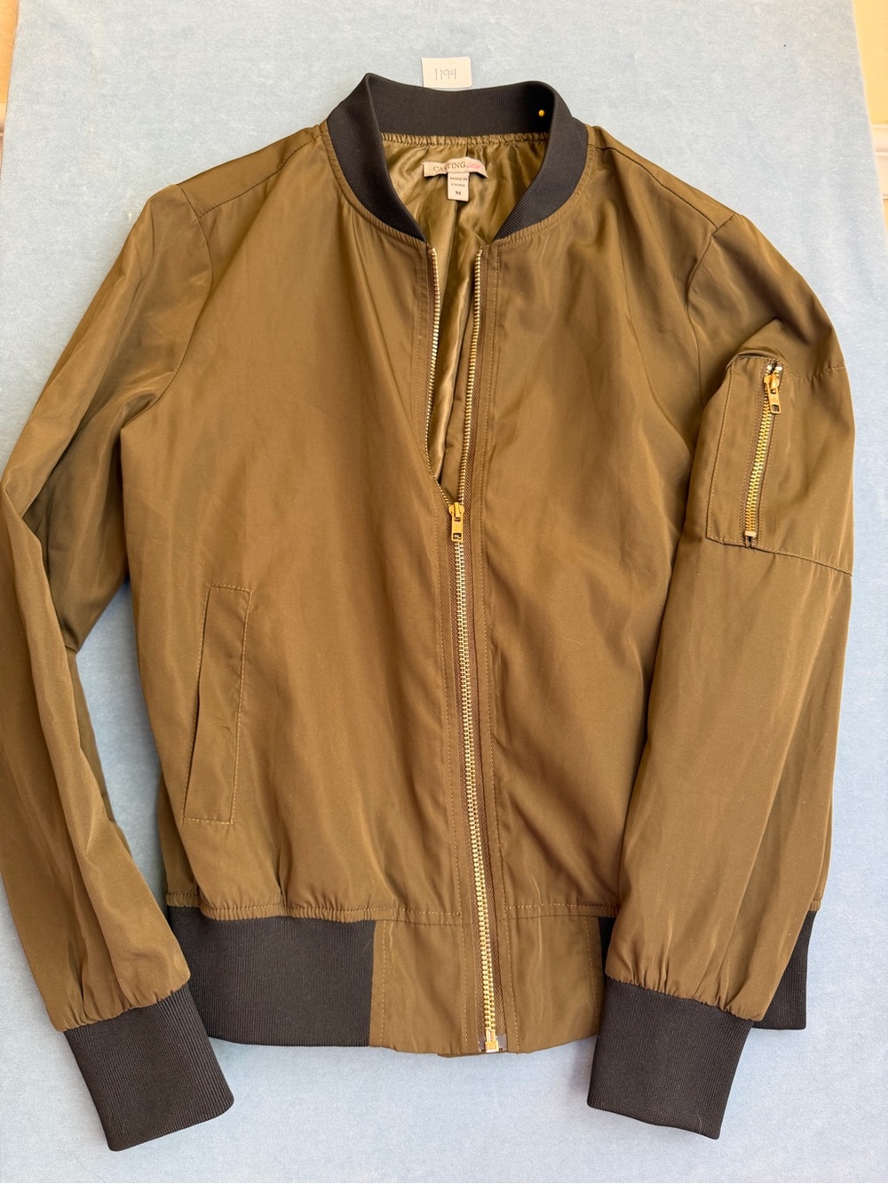 Women’s Olive Bomber Jacket with Ribbed Trim Size M